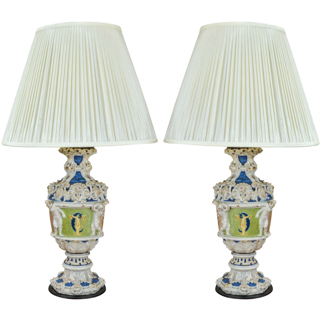 19th Century Pair of Italian Majolica Vases Mounted as Lamps
